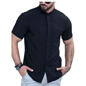 R.J. Toomey Co Black Mandarin Collar Chest Pocket Short Sleeve Buttonup Shirt 17